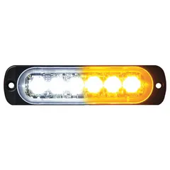Rectangular perimeter flashing warning light in amber/white. Operates on 12-24V DC and offers 19 selectable flash patterns. Overall width of 4 3/8 in. Used on vehicles to provide high-visibility warning signals in work zones, traffic control, and other fleet applications.