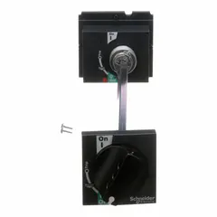 Rotary operating handle accessory for PowerPact H and J circuit breakers. Includes a standard black handle. Provides manual on/off control without opening the enclosure door. Used in industrial panelboards and motor control centers.