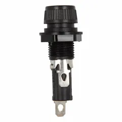 This 1-pole panel mount fuse holder accepts 1/4 in x 1 1/4 in cylindrical fuses. Rated 20 A max at 250 V AC, it features a knob cap style and quick-connect termination. Suitable for use in control panels, power distribution, and equipment protection circuits.