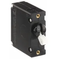 This front panel-mount miniature circuit breaker features a toggle actuator and threaded insert mounting. Rated for 15 A at 277 V AC or 80 V DC, it provides overcurrent protection in control panels, HVAC equipment, and power distribution systems. Terminals are 1/4 in tab type; overall depth is 2.12 in