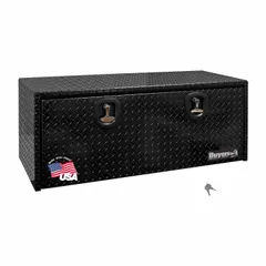 This single drop-down door box is designed for underbody truck mounting, providing secure storage for tools and equipment. The black finish resists corrosion, and the keyed lock ensures contents are protected. Suitable for fleet and vehicle maintenance applications.