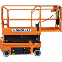 The BALLYMORE DMSL-19 is a battery-powered drivable scissor lift with a 19 ft elevated platform height and a 66 in x 29 in platform. It includes a platform extension for additional work area. Designed for indoor use on firm, level surfaces, it provides elevated access for maintenance, installation, and repair tasks.