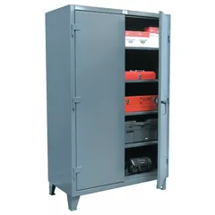 Welded steel cabinet with baked enamel dark gray finish. Includes four adjustable shelves and legs. Stationary design with swing handle and padlock hasp. Panel thickness 12 ga. Suitable for secure storage of tools, parts, and equipment in industrial environments.