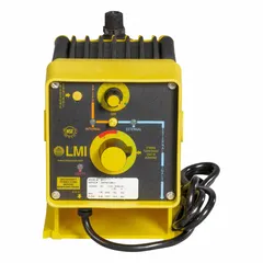Compact solenoid-driven diaphragm metering pump with a PVC head and PTFE diaphragm. Operates on 115V AC, delivering a maximum flow rate of 60 gpd with ±1.0% reproducibility. Features ceramic check balls, PVDF/Polyprel seals, and PVC fittings. Suitable for precise chemical dosing in water treatment, industrial processing, and chemical injection applications.