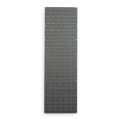This wall-mount louvered panel measures 61 x 18 x 5/16 inches and features a gray powder-coated finish. Designed for one-sided use, it provides a mounting surface for compatible bin systems to organize tools, parts, and supplies in workshops, warehouses, and assembly areas.