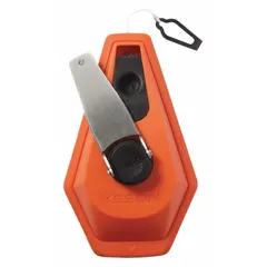 KESON K3X chalk line reel with 100 ft line length and 3 oz fill weight. Orange plastic housing features a Big-Mouth Turn and Lift Door for fast refilling without removing the line. Used for marking straight reference lines in construction, framing, masonry, and layout work.