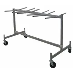This hanging rack accommodates up to 36 folding chairs for organized storage and transport. It features a gray frame with four swivel casters for easy maneuverability. Dimensions: 63 in L x 31 5/8 in W x 41 3/4 in H. Suitable for use in venues requiring efficient chair handling.