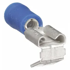This partially insulated piggyback disconnect features a blue vinyl partial coverage for insulation and color coding. It has a 0.25 in x 0.032 in tab and is designed for quick connect or disconnect of electrical wires in control panels, appliances, and industrial equipment.