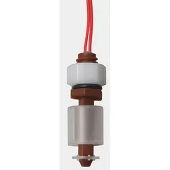 Vertically mounted float switch with polypropylene construction. Features SPST normally open contact that closes on rising liquid level. Electrical connection via lead wires. Requires minimum media specific gravity of 0.75. Suitable for level detection in tanks or vessels containing water, oils, or chemicals.