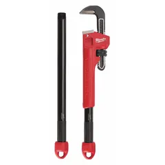 This MILWAUKEE extendable pipe wrench features a serrated jaw with 2-1/2 in capacity and an ergonomic handle. Constructed from alloy steel, it is designed for gripping and turning pipes, fittings, and round objects in plumbing, mechanical, and industrial maintenance tasks.