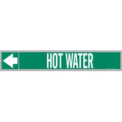Green adhesive pipe markers with white 'Hot Water' legend and directional arrows. Each pack contains 25 markers designed for pipes with outer diameters of 1-1/2 to 2 inches. Used to identify hot water piping in industrial and commercial facilities.