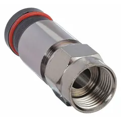 Male F-Type connector for terminating RG-6 coaxial cable. Features a nickel-plated finish and compression-style connection. Supports frequencies up to 1 GHz. Pack of 50.
