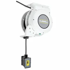 Motorized self-retracting cord reel with 25 ft of 12 AWG SJO cord. Feeder cord ends in a NEMA 5-20P plug; retractable cord ends in a NEMA 5-20R connector. Used in workshops, warehouses, and maintenance areas to manage extension cords and reduce trip hazards.