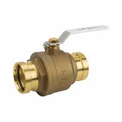 Brass ball valve with full port ball port for minimal pressure drop. Straight configuration with press x press connections. Locking lever handle for secure on/off flow control. Suitable for commercial and light industrial piping systems handling water, oil, or gas.