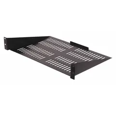 Steel vented shelf for standard 19-inch racks. 1U height, 12 1/2 in depth, black finish. Supports equipment such as AV components, servers, or patch panels while allowing airflow for cooling.