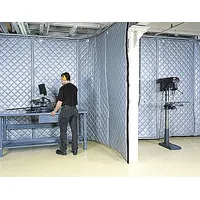 This track-mounted hanging acoustic curtain is designed for noise control in industrial environments. It measures 4 ft wide by 50 ft long, is 1 in thick, and includes a straight track. The straight panel shape allows for flexible installation to reduce sound reverberation and transmission