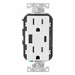 Duplex 5-15R receptacle rated 125V AC, 15A with integrated USB Type A and C charging ports. White finish. Weather-resistant construction suitable for outdoor or damp locations.