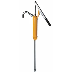 This lever handle drum pump features a steel housing and PTFE/Viton seals, delivering 10 oz per stroke. Designed for transferring fluids from standard drums, it is commonly used in industrial maintenance and automotive shops for dispensing oils and coolants.