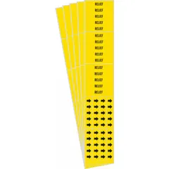 Yellow adhesive pipe markers with black legend text reading 'Relief' and flow direction arrows. Each marker fits pipe outside diameters of 3/4 inch and smaller. Pack contains 5 markers (3 pipe markers per pack). Used to identify pipes carrying relief systems in industrial facilities.