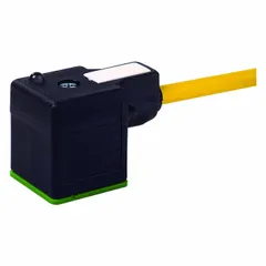 Single-ended cordset with female right-angle DIN Form A connector and bare wire termination. 3-pin design with 18 AWG conductors, 10 m PUR yellow cable, and IP67 rating. Suitable for connecting solenoid valves, sensors, and actuators in industrial automation and process control applications.