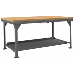 Fixed-height workbench with a maple top and lower shelf, finished in gray. Overall dimensions 72 in x 36 in with a 12,000 lb load capacity. Suitable for heavy-duty assembly, maintenance, and repair tasks in industrial settings.