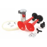 FIAMM 66020 is a 12V DC full-tone electric horn system for passenger vehicles. It includes two red/black trumpet horns with an unfinished finish, producing a 135 dB maximum sound level for audible warning