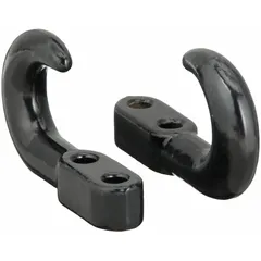 This tow hook is made of carbon steel with a black finish, sold as a 2-pack. It is designed for towing and recovery tasks on vehicles and equipment, providing a secure attachment point for pulling operations.