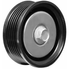 Steel idler pulley with a flanged flange and 6 grooves, designed for serpentine belt systems in light-duty vehicle accessory drives. Maintains proper belt tension for components such as alternators and water pumps.