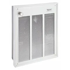 DAYTON Recessed Electric Wall-Mount Heater: 3600 W/4800 W, 240/277V AC, Single Phase, White. Key specifications — Grille Color: White; Programming Capability: Non-Programmable; Wattage Output: 3600 W/4800 W; Voltage, Phase: 240/277V AC, 1-phase; Rough-In Dimensions - H x W x D: 18-1/4 in x 14-5/8 in x 3-7/8 in; Nominal Voltage - HVAC: 277V AC; Brand: DAYTON; Phase: Single.
