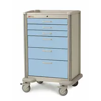 This METRO medical supply cart features a polymer cabinet in taupe with light blue polymer drawers. It is equipped with two swivel casters and two swivel casters with brakes for mobility and stability. Suitable for organizing and transporting medical supplies, instruments, and medications in healthcare settings