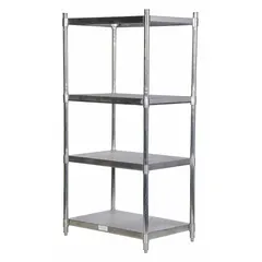 This VESTIL open metal shelving unit is constructed of stainless steel with a silver finish. It features solid shelves, each with a load capacity of 600 lb. The unit measures 72 inches in height, 36 inches in width, and 24 inches in depth. Suitable for heavy-duty storage in industrial environments such as warehouses and manufacturing facilities.