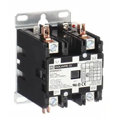 Single-phase, 2-pole HVACR definite purpose contactor with 2NO main pole contact form. Rated 40 A, 600V AC maximum, with 110/120V AC coil and box lug terminals. Suitable for switching compressor and fan motor loads in air conditioning, refrigeration, and heating systems.
