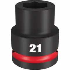 This 3/4" drive impact socket is a 21 mm metric, 6-point standard socket. It is designed for use with impact wrenches in heavy-duty fastening and loosening applications, such as automotive repair, construction, and industrial maintenance.
