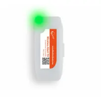 Wireless temperature data logger measuring 0°F to 129°F (-18°C to 54°C). Features a flashing alert indicator and includes a sticky pad for mounting. Suitable for monitoring environmental conditions in industrial settings