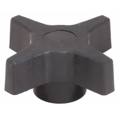 This 4-arm knob with threaded hole provides a manual grip interface for adjustment or clamping applications. It features a 1.75 in diameter, plastic construction with a steel thread insert, and a 5/16"-18 thread size. Commonly used on machinery, fixtures, and industrial equipment for hand-operated tightening, loosening, or positioning.