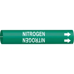 This snap-on pipe marker identifies nitrogen lines in piping systems. It features a green background with white legend text and includes directional arrows. Designed to fit pipe outer diameters of 4 to 6 inches. Suitable for use in industrial facilities for clear pipe identification.