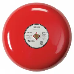 This fire alarm bell from EDWARDS SIGNALING operates on 24V DC and produces a bell sound for evacuation alerts. It features a red finish and measures 8 inches in overall width and 3 3/8 inches in overall depth. Suitable for use in commercial and industrial fire alarm systems.