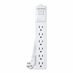 General purpose surge protector with six outlets, 8 ft power cord, 600 J energy rating, and 15 A current capacity. Complies with UL 1449. Keyhole mounting allows secure attachment to walls or work surfaces. Suitable for powering and protecting multiple electronic devices in office, home, or workstation environments.