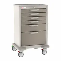 Steel cart with taupe cabinet and dark tan drawers, configured with two swivel and two swivel-with-brake casters. Used in healthcare settings to organize and transport medical supplies, instruments, and medications