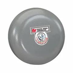 Bell alarm producing a bell sound for indoor and outdoor use. Suitable for signaling alerts, shift changes, or emergency notifications in medium-sized areas such as industrial facilities, schools, and public buildings. Gray finish with a 6-inch diameter.
