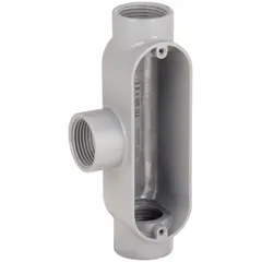 Aluminum T-type conduit outlet body with a powder-coated finish. 1-inch trade size, 12-cubic-inch body capacity, threaded hub for use with IMC. Provides access for pulling, splicing, and routing conductors in electrical raceway systems.