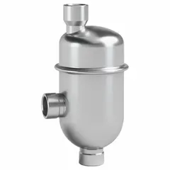 This air vent features a 1/2 in FNPT top port and a stainless steel body, rated for a maximum pressure of 267 psi and a maximum temperature of 500°F. Designed for steam systems, it automatically removes air and non-condensable gases to improve heat transfer and prevent corrosion. The angled connection allows vertical discharge in confined piping layouts.