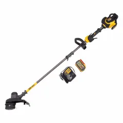 Battery-powered string trimmer kit with a 15-inch cutting width and straight shaft design. The 45-inch shaft length provides extended reach for trimming grass and weeds along fences, walls, and garden beds. Includes a 3.0 Ah battery and charger for cordless operation in residential and commercial landscaping tasks.