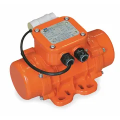 General purpose electric vibrator for moving, compacting, or separating bulk materials in hoppers, chutes, and screens. Operates on 115V AC, draws 1.3 A, delivers 209 lbf of centrifugal force at 3600 vibrations per minute. Totally enclosed nonventilated design with a sound level of 76 dBA.