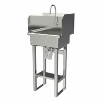 This one-station freestanding hand sink with faucet is constructed from 16 ga material and features a 17 in bowl length and 7 in bowl depth. The unit has a 0.5 gpm flow rate and does not include a side splash. Suitable for commercial hand-washing applications in facilities requiring a dedicated hygiene station