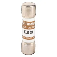 Fast-acting midget fuse rated 8 A, 600 V AC and 500 V DC. Dimensions 13/32 in x 1 1/2 in. Provides overcurrent protection in industrial control panels, motor starters, and power supplies.