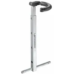 This basin wrench is made of alloy steel with an overall width of 12 13/64 in. It features a telescoping handle adjustable from 11-1/2 in to 18-1/2 in, four length adjustments, and a pivoted reversible jaw. Designed for tightening or loosening nuts on faucet mounting hardware in confined under-sink spaces.