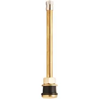 Clamp-in tire valve stem with straight shape and 180° valve stem angle. Constructed from brass metal with 0.305-32 thread size. Designed for use on trucks and buses for tire inflation and pressure monitoring
