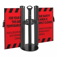 Retractable belt barrier system with a single post and 11 1/2 ft red belt displaying 'Area Temporarily Closed' in black text. Round flat belt profile with industrial hook for quick setup. Used to cordon off areas in industrial facilities, warehouses, or public spaces for temporary crowd control or hazard marking.