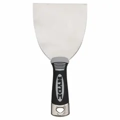 This corrosion-resistant spreading tool features a stainless steel blade with a straight shape and a plastic handle. It is designed for applying joint compound, spackle, or adhesive in drywall finishing and general construction. The stainless steel construction resists rust, making it suitable for humid or wet environments.